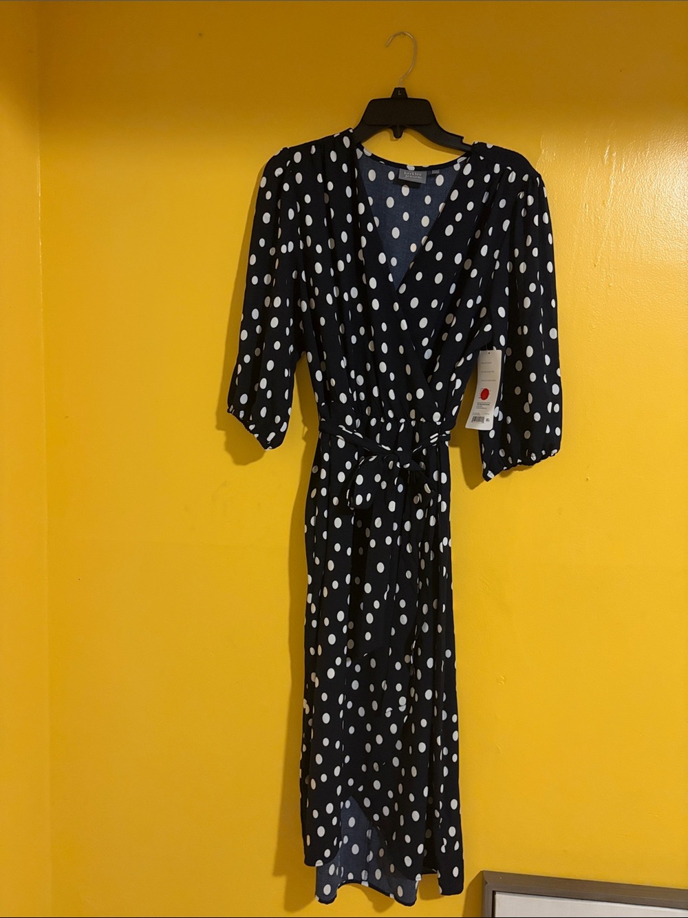 Polka Dot Wrap Midi Dress - Black with White Dots